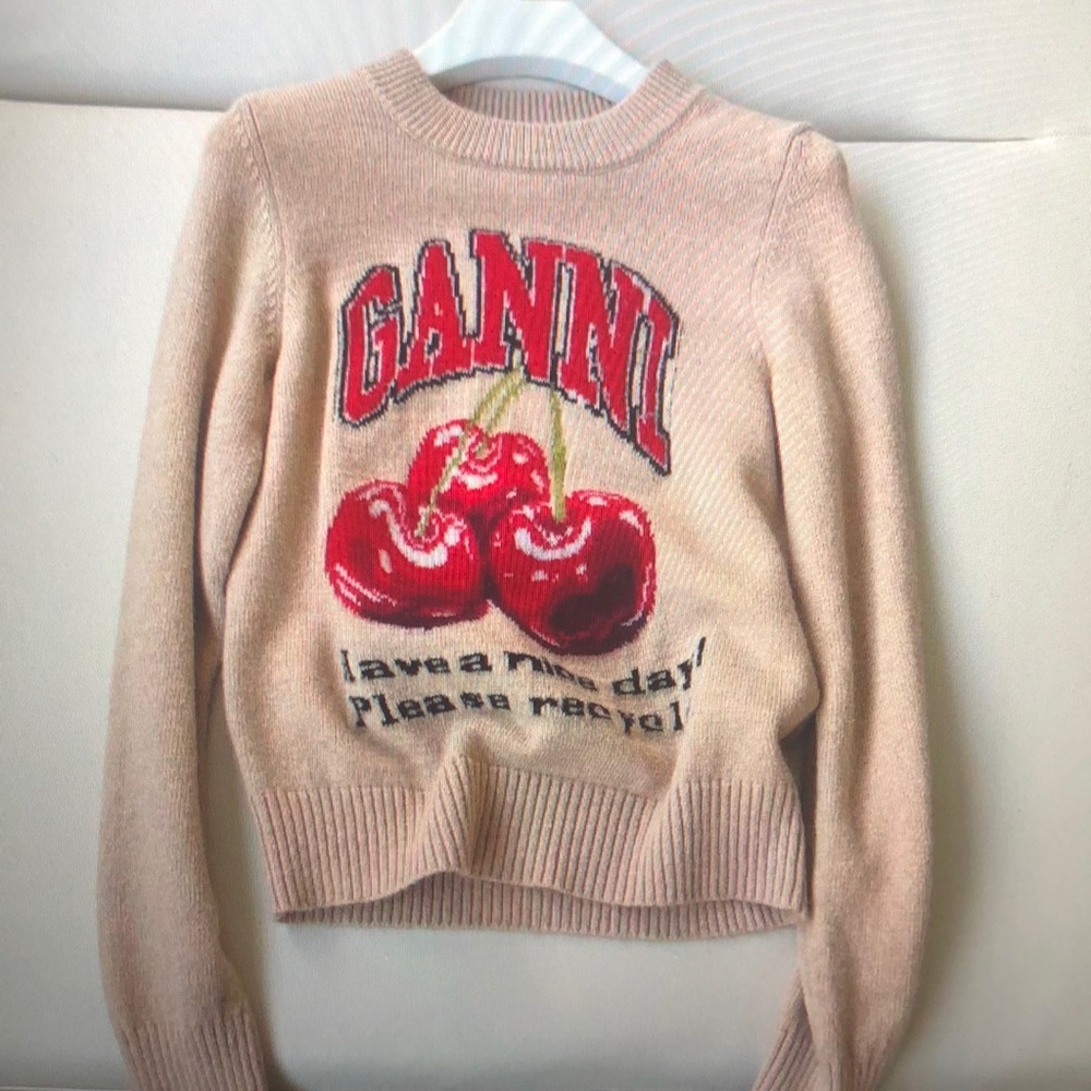 Ganni Graphic Wool mix Crewneck Top in cherry